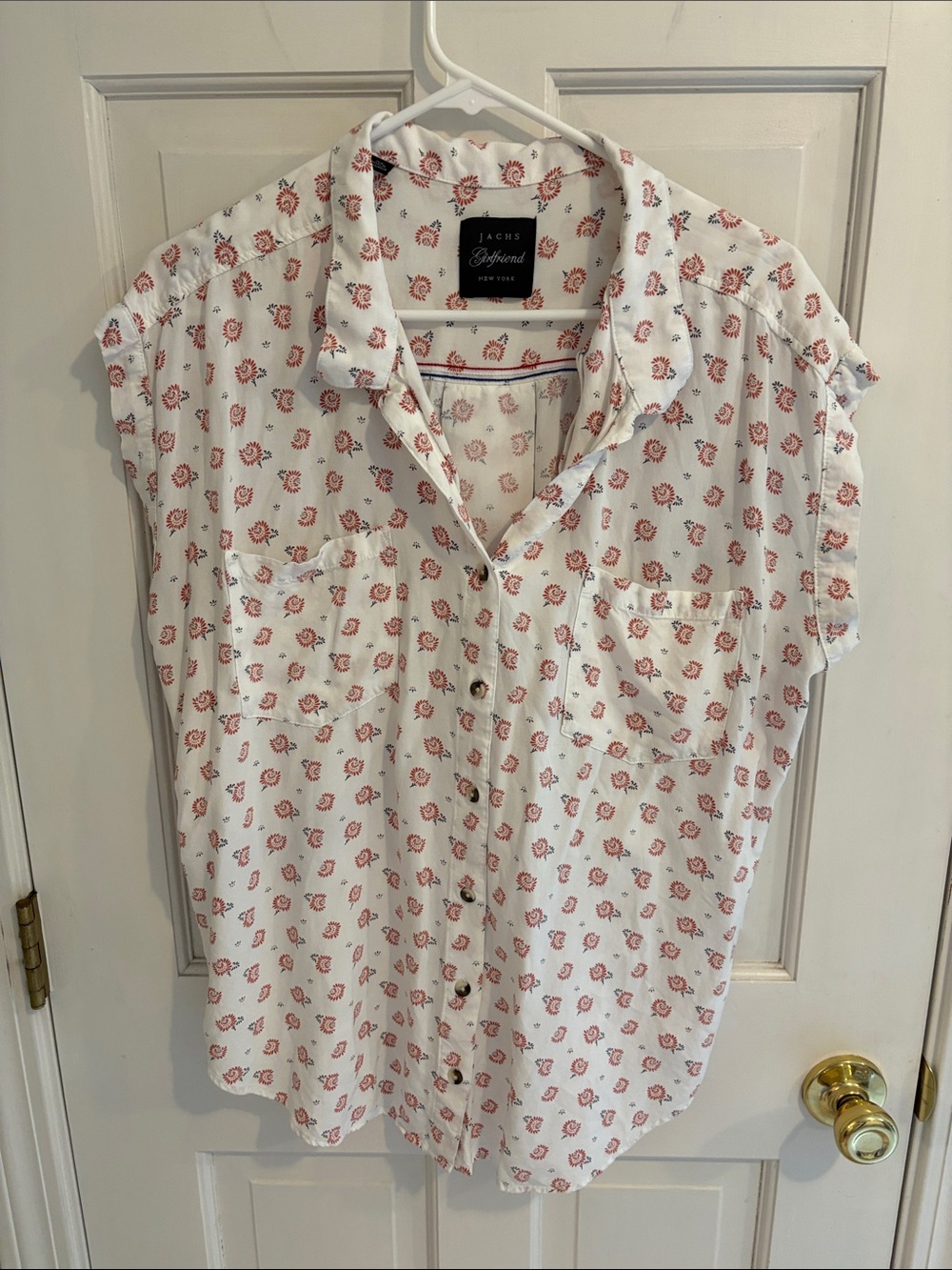 JACHS Girlfriend White Button-Up Blouse with Pink Floral Motif xl like new